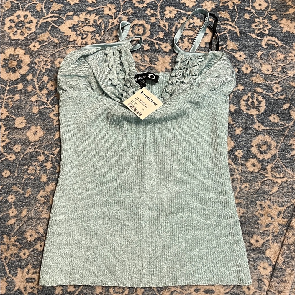 SOLD Y2K Bebe O Blue Metallic Ruffled Camisole Tank Top Party Event 2000’s New - Picture 11 of 11